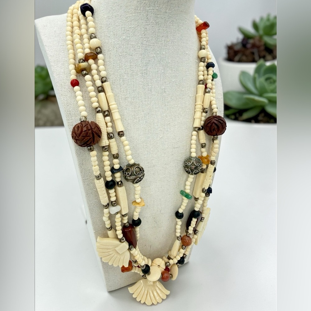 VTG 4 Strand Carved Bone Bead Necklace Jasper Carnelian Sodalite Agate Boho 24” - Picture 5 of 17